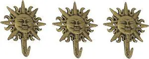 Set of 3 Vintage Sun-Face Cast Iron Decorative Wall Hooks in Antique Gold Finish - Elegant Towel or Coat Hanger Rack for Home Decor - 5.75 Inches High