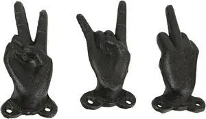Set of 3 Cast Iron Hand Gesture Decorative Wall Hooks Key Towel Hanger Decor
