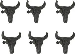 Set of 6 Rustic Brown Cast Iron Steer Skull Drawer Pulls - Western Home Decor Cabinet Knobs - 2 Inches High - Easy Install - Great For Dressers and Cupboards