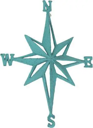 Turquoise Blue Cast Iron Compass Rose Wall Hanging Sculpture - Coastal Home Decor Art Piece - 13.5 Inches High Nautical Elegance for Indoor or Outdoor Spaces