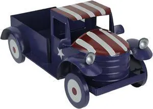 Rustic Blue Metal Vintage Patriotic Pickup Truck Planter Featuring Stars & Stripes Accents for Charming Indoor or Outdoor Decor, Ideal for Flowers and Succulents