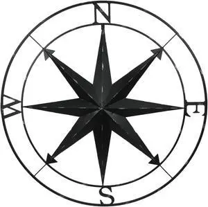 Large Black Nautical Compass Rose Metal Wall Decor | 39.5 Indoor Outdoor Rustic Maritime Accent | Distressed Finish, Coastal Theme, Easy to Hang