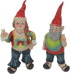 Gnancy and Gnarley Pair of Hippie Garden Gnome Statues 8.25 Inches High