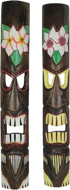 Artisan Crafted Set of 2 Hand-Carved Wooden Tiki Masks Adorned with Plumeria Flower Designs for Tropical Wall Decor, 39 Inches High  Perfect for Indoor and Outdoor Oasis Settings