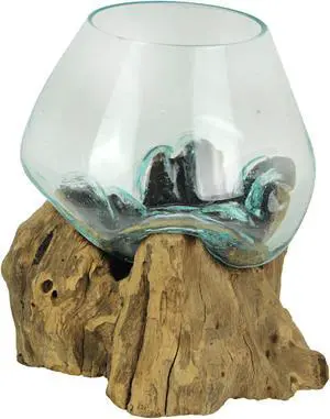 Handcrafted Melted Glass and Teak Driftwood Centerpiece Bowl / Sculpture- Unique 7-Inch Earthy Artistry for Succulents, Terrariums, and Decorative Displays