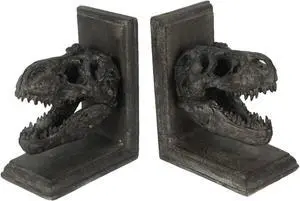 Pair of 6.5-Inch High Brown Resin Tyrannosaurus Rex Skull Faux Fossil Bookends - Real-Looking Dinosaur-Themed Table or Shelf Decor For Your Home or Office