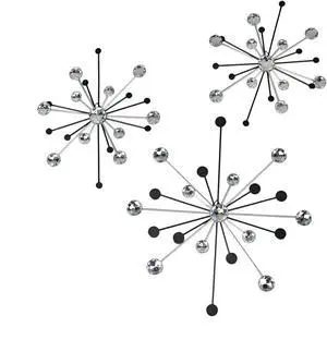 3-piece Mid-Century Modern Style Black and Silver Metal Jeweled Atomic Starburst Wall Décor Set - Timeless Elegance - Easy Install - Sparkling Accents For Your Home