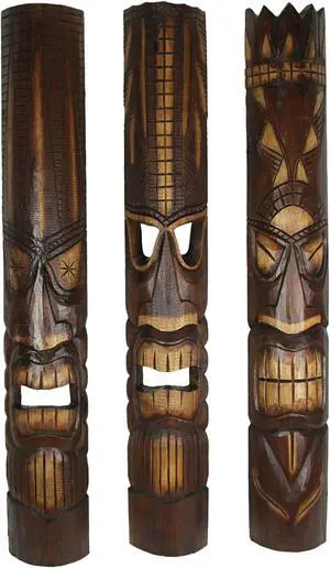 Set of 3 Hand-Carved Wood Tiki God Wall Hanging Masks 40 Inches High - Tropical Beach Home Decor - Symbolic Deities Kanaloa, Kne, and Lono - Unique Artisan Craftsmanship