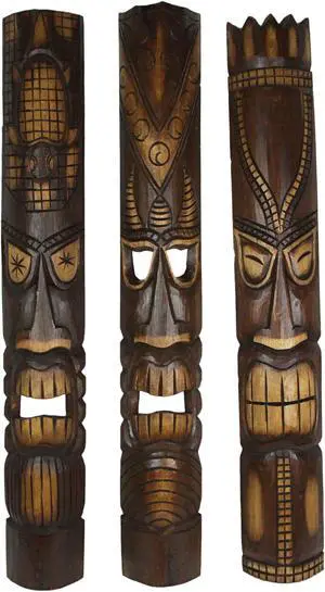 Set of 3 40-Inch Tall Hand-Carved Tiki Mask Wall Sculptures - Polynesian-Style Tropical Beach Home Hanging Art with Exquisite Indonesian Artisan Craftsmanship