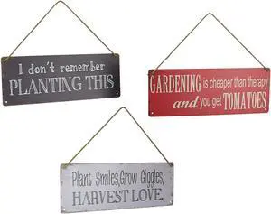 Set of 3 Red Black White Metal Rustic Hanging Garden Signs for Outdoor and Home Decor - Whimsical Quotes, Durable Craftsmanship, Perfect for Green Thumb Enthusiasts