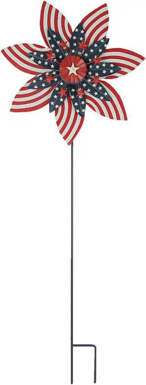 Stars & Stripes Red White Blue Metal Kinetic Wind Spinner Patriotic Garden Stake  - American Flag Themed Outdoor Flowerbed, Yard and Lawn Décor 39 Inches High