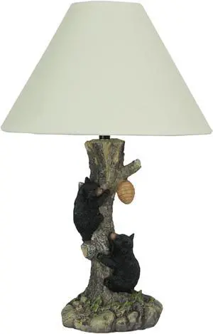 Rustic Black Bear Cubs Climbing Tree For Honey Table Lamp Beige Fabric Shade