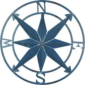 Distressed Blue Metal Compass Rose Wall Decor - Indoor/Outdoor Hanging Art - 20 Inches in Diameter - Easy Install - Coastal Elegance and Nautical Charm