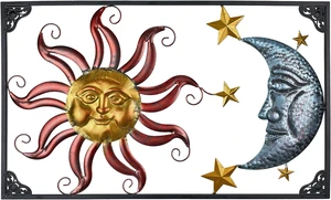 Sun and Moon Wall Sculpture, 30 Inch Wide Metal Art with Stars Sun and Moon Wall Sculpture, 30 Inch Wide Metal Art with Stars