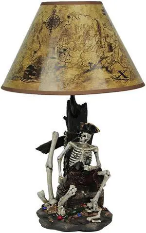 21-Inch High Caribbean Pirate Skeleton Table Lamp with Treasure Map Shade - Seafaring Bedroom Light for Nautical Adventurers and Beach Home Buccaneers