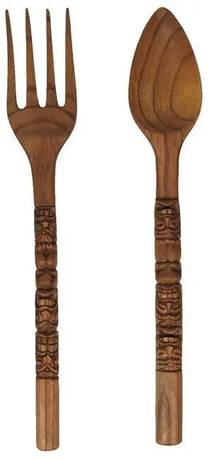 Set of 2 Carved Tiki Design Wooden Spoon & Fork Utensil Wall Sculptures in Brown Wood - Large 24-Inch Decorative Art Pieces, Perfect for Hawaii-Inspired Home Decor