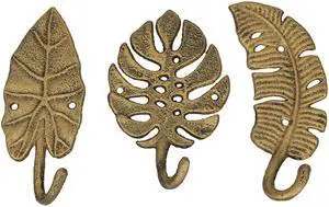 Set of 3 Cast Iron Gold Tropical Leaf Decorative Wall Hooks Towel Hanger Rack