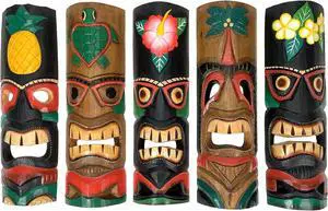 Set of 5 Colorful Tropical Polynesian Style Wooden Tiki Wall Décor Masks 20 Inch