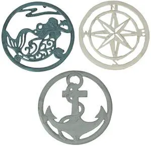 Set of 3 Cast Iron Trivets, 8 Inch Round Nautical Designs Set of 3 Cast Iron Trivets, 8 Inch Round Nautical Designs