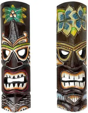 Set of 2 Hand Crafted Wooden 20 Inch Tiki Wall Masks Palm Tree and Plumeria Flower Designs Tropical Décor