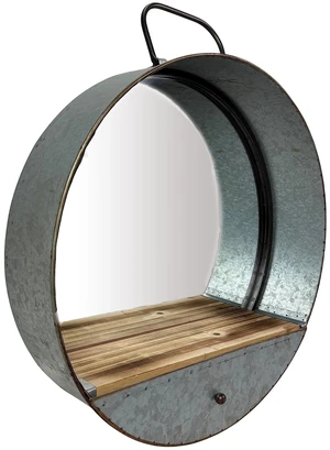 Round Wall Mirror, 20.5 Inch Galvanized Metal Tub Frame with Drawer Round Wall Mirror, 20.5 Inch Galvanized Metal Tub Frame with Drawer