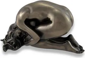 Bronzed Nude Woman Sculpture in Kneeling Pose with Flowing Locks - 5.75 Inches Long - Sensual and Graceful Artwork Celebrating Feminine Form and Intimacy