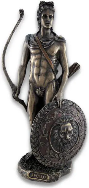 Greek and Roman God Apollo with Lion Head Shield and Golden Bow Bronze Finished Resin Statue - 11.5 Inches High - Amazing Detail - Hand Painted Accents