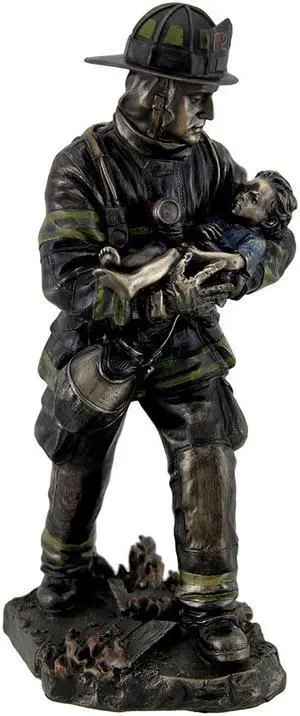 Firefighter Carrying Child Metallic Bronze Statue 11 Inches Tall