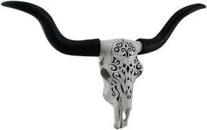 Longhorn and Lace Exquisite Black & White Filigree Hand-Painted Design Steer Skull Wall Decor - 27.25 Inches Long - Western Charm Meets Art Deco Elegance