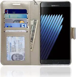Samsung Note 7 Folio-3 Thin Layer Wallet Case with Ear speaker hole, 5 Cards pocket and handstrap - Navor (Gold)