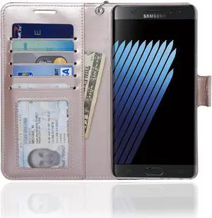 Samsung Note 7 Folio-3 Thin Layer Wallet Case with Ear speaker hole, 5 Cards pocket and handstrap - Navor (Rose Gold)