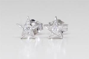 14k White Gold Round Diamond Multi-Stone Prong Set Pentagram Star Stud Earrings (0.08 Ct F Color SI1 Clarity)