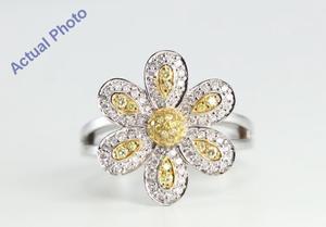 18k White Gold Round Cut Diamond Flower Pave Engagement Ring (0.51 Ct, White and Natural Fancy Yellow Diamonds, SI2 Clarity)