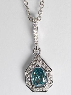 18k White Gold Pear & Round Cut Diamond Pendant (0.6 Ct, Blue (Color Irradiated) & White Diamonds, VS Clarity)