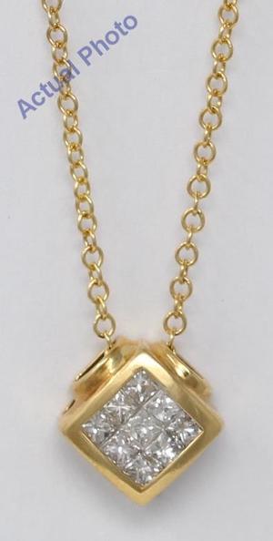 18k Yellow Gold Princess Invisible Setting diagonal square contemporary diamond pendant (0.47 Ct, H , VS )