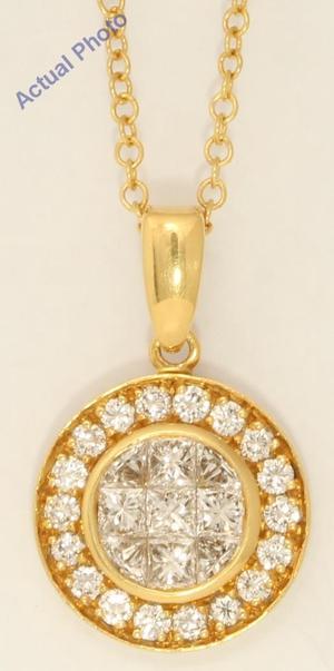 18k Yellow Gold Princess & Round elegant circular modern diamond pendant with set bezel(1.01 ct, H, VS)