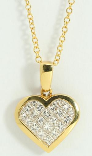 18k Yellow Gold Princess Invisible Setting heart stylish modern classic diamond pendant (1 Ct, H , VS )