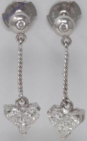 18k White Gold Princess & Round Heart Shape rope style dangle set diamond earrings(0.74 ct, H, I1)