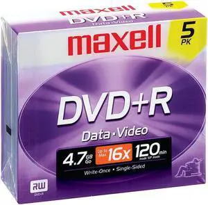 Maxell DVD Recordable Media - DVD+R - 16x - 4.70 GB - 5 Pack Jewel Case Maxell DVD Recordable Media - DVD+R - 16x - 4.70 GB - 5 Pack Jewel Case