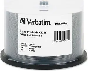 Verbatim CD-R 700MB 52X DataLifePlus White Inkjet Printable, Hub Printable - 50pk Spindle