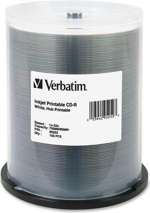 Verbatim CD-R 700MB 52X White Inkjet Printable, Hub Printable - 100pk Spindle