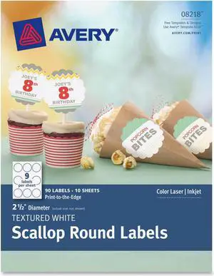 Avery Textured White Scallop Round Labels 08218, 2-1/2" Diameter, Pack of 90