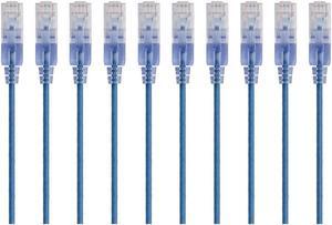 Monoprice SlimRun Cat6A Ethernet Patch Cable - Network Internet Cord - RJ45, 550Mhz, UTP, Pure Bare Copper Wire, 10G, 30AWG, 1ft, Blue, 10-Pack