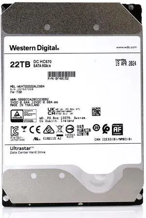 Western Digital Ultrastar HC570 WUH722222ALE604 0F48152 22TB 7.2K RPM SATA 6Gb/s 512e Power Disable 3.5" Hard Disk Drive