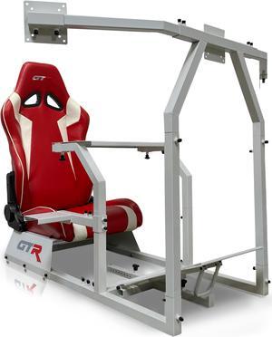 GTR Simulator GTA-F Model (Silver) Triple or Single Monitor Stand with Red/White Adjustable Leatherette Seat, Racing Gaming Driving Simulator Cockpit Chair Triple Monitor Stand