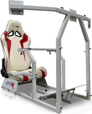 GTR Simulator GTA-F Model (Silver) Triple or Single Monitor Stand with White/Red Adjustable Leatherette Seat, Racing Gaming Driving Simulator Cockpit gaming chair Triple Monitor Stand