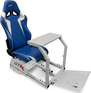 GTR Racing Simulator GTA-S-S105LBLWHT- GTA Model Silver Frame with Blue/White Real Racing Seat, Driving Simulator Cockpit Gaming Chair with Gear Shifter Mount