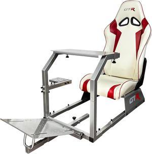 GTR Simulator GTA Model Silver Frame with White/Red Real Racing Seat, Racing Gaming Driving Simulator Cockpit Chair with Gear Shifter Mount