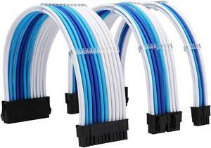 Sleeve Extension Power Supply Cable Kit 18AWG ATX 24P+ EPS 8-P+PCI-E8-P with Combs for PSU to Motherboard/GPU Fm-NCK3 (White Sky Blue Deep Blue)