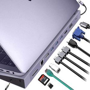 NOV8Tech USB C Laptop Docking Station, USB C Hub, 11in1 Stand for M1 MacBook Pro Air & Type C Laptops, Triple Display HDMI & VGA, 100W PD, SD/Micro SD Reader, Gigabit Ethernet, 4 USB Ports, Audio/Mic